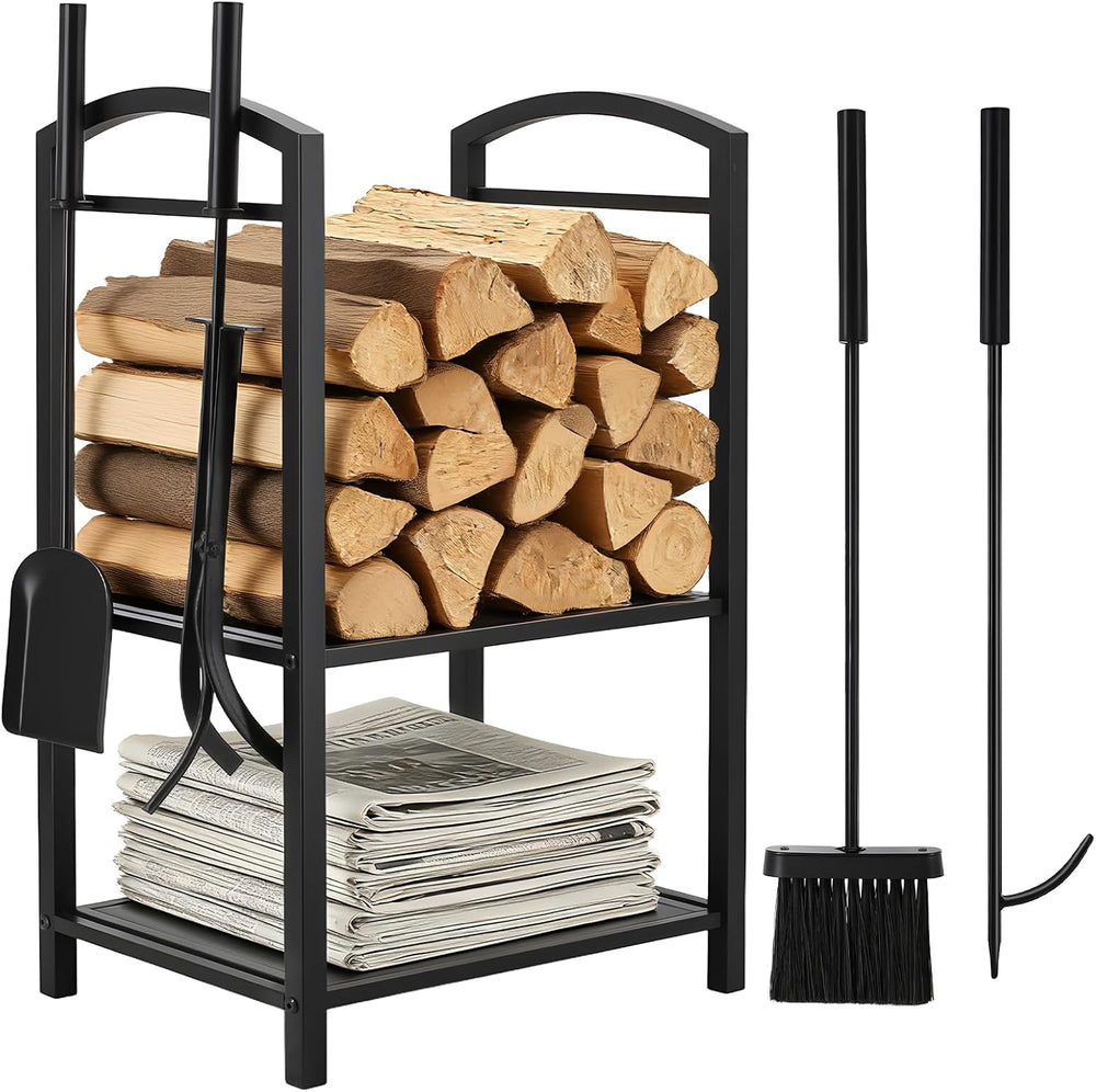 29" Heavy Duty Firewood Rack Indoor with 4 Fireplace Tools Set