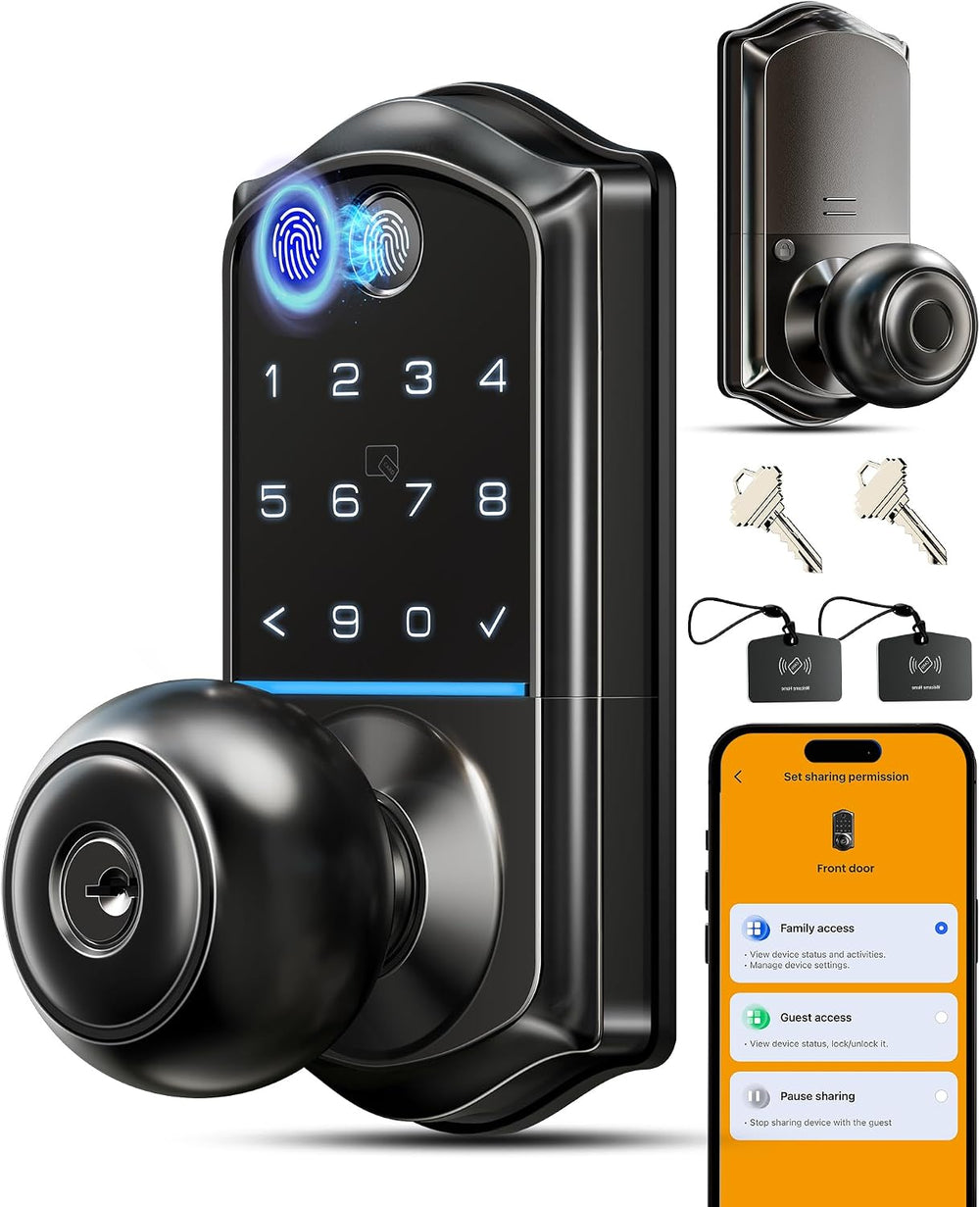 Veise VE018 Fingerprint Keypad Smart Door Knob Handle Lock, Matte Black