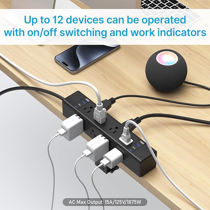 CCCEI Desk Outlet Station 20W USB C Port. 12 Outlet Desktop Clamp Power Strip