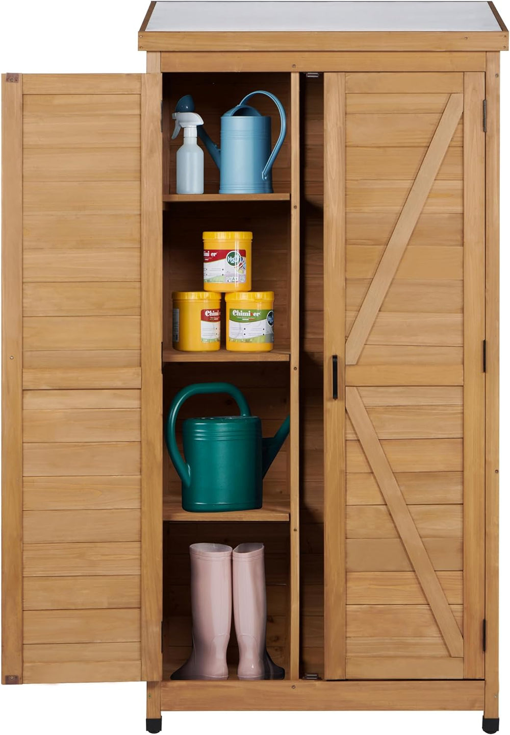 68'' Outdoor Storage Cabinet, Wooden Garden Tool Cabinet with Metal Top