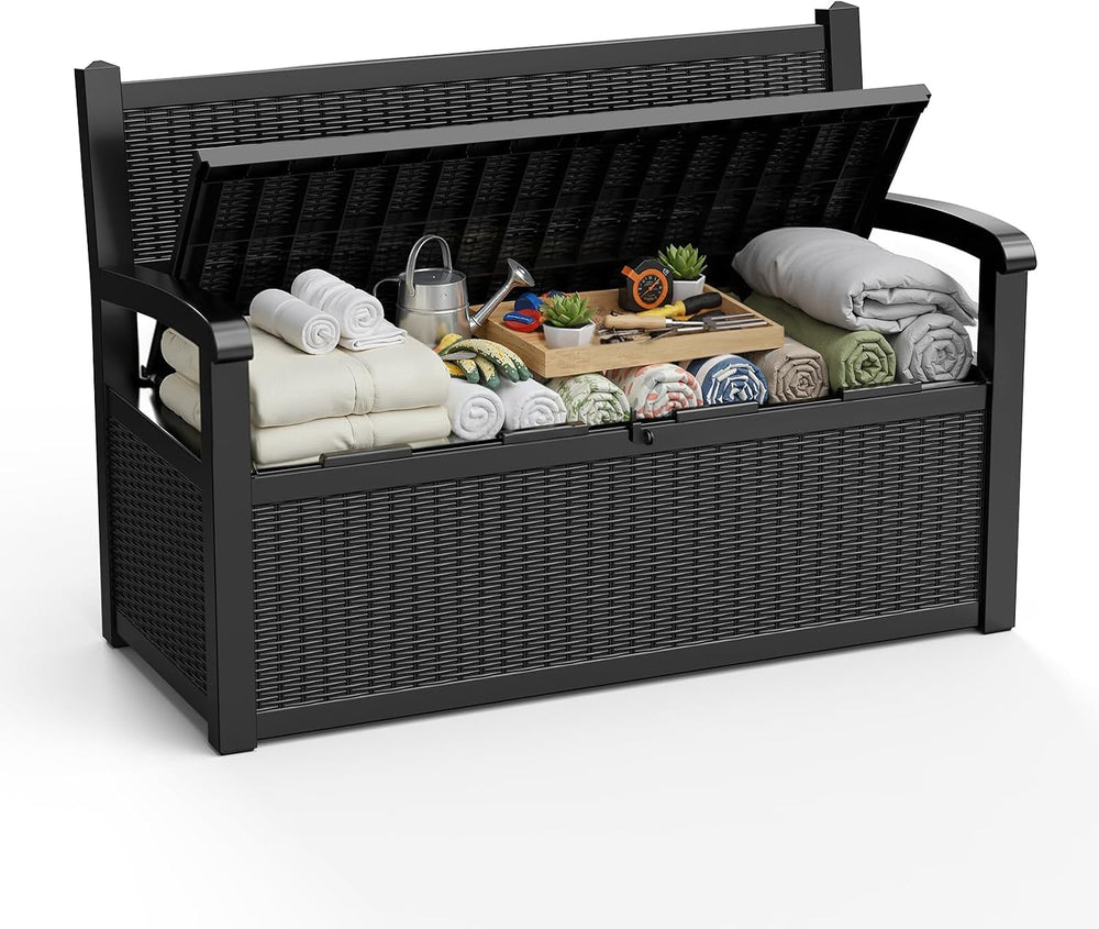 ROJIK 80 Gallon Storage Bench Deck Box Outdoor with Armrests, Resin Storage F...