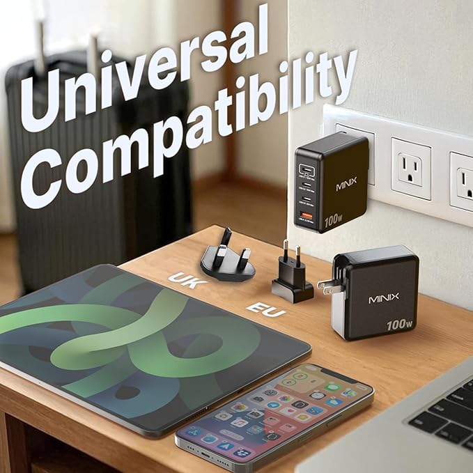 MINIX 100W USB C Charger, 4-Port Fast GaN Charger, Compact Foldable Wall Charger