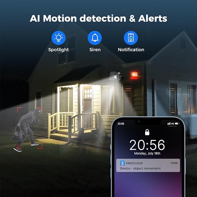 Hiseeu Security Cameras Wireless Outdoor, PIR/AI Motion Detection, Waterproof