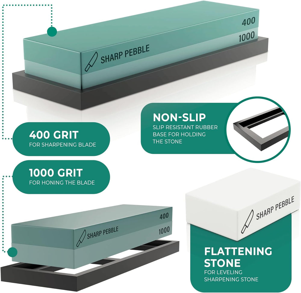 Sharp Pebble Whetstone Knife Sharpening Stone Kit - 2 Sided 400/1000 Grit