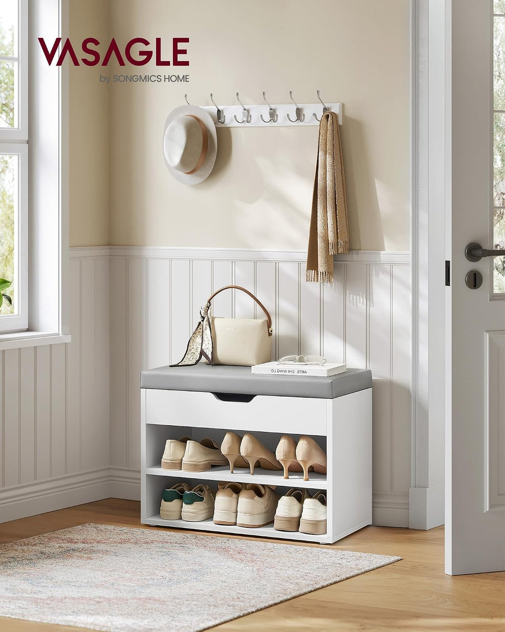 VASAGLE Storage Bench with Cushion, Shoe Bench, 11.8 x 23.6 x 17.3 Inches