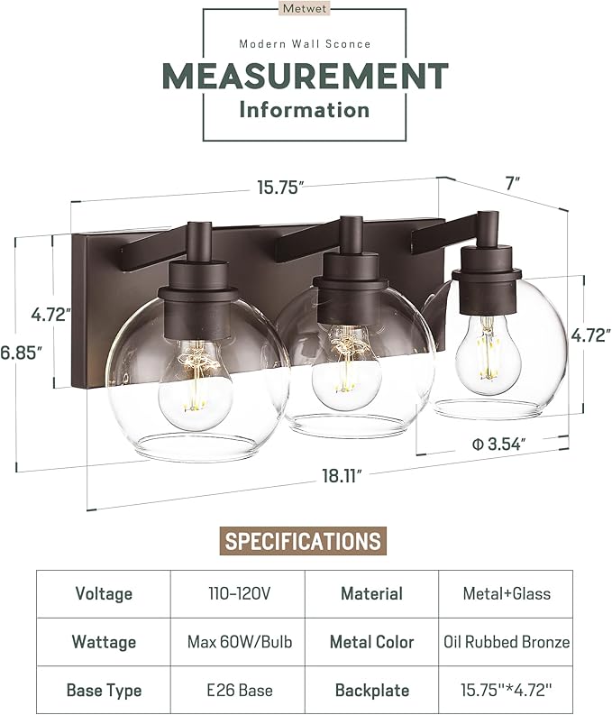 METWET Bathroom Light Fixtures Over Mirror, 3-Light Oil Rubbed Bronze Vanity