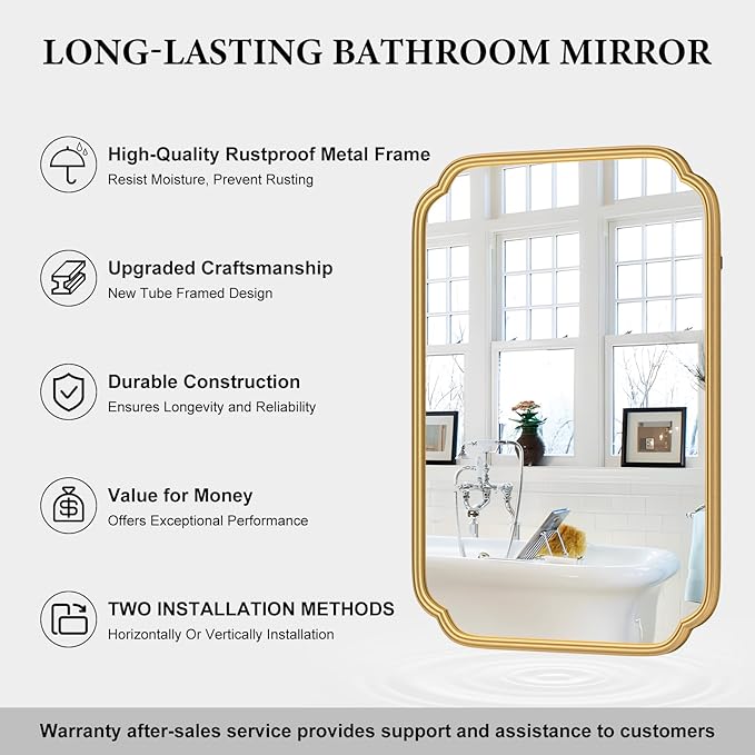 Gold Bathroom Mirror for Wall 20" x 30" Modern Rounded Corner Recta...