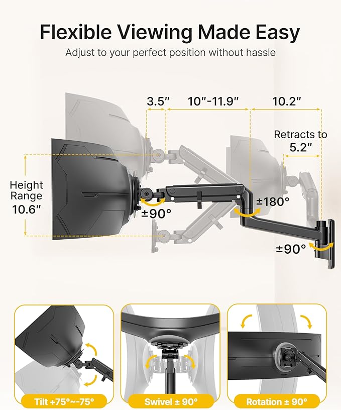 monTEK Monitor Wall Mount for 17-57“ up to 59.4 lbs Ultrawide Screens, Single