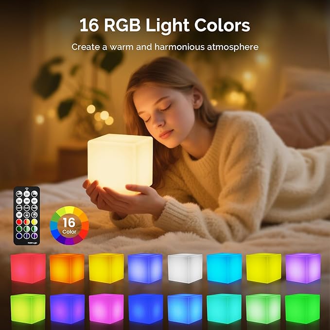 LOFTEK 7-inch LED Cube Night Lights: Rechargeable RGB 16 Colors Changing Light