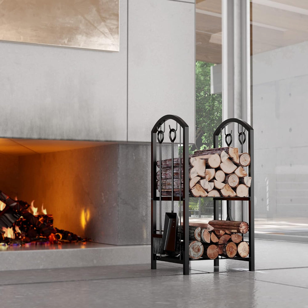 Fire Beauty Firewood Rack Log Holder Wood Storage with 4 Fireplace Tool Set
