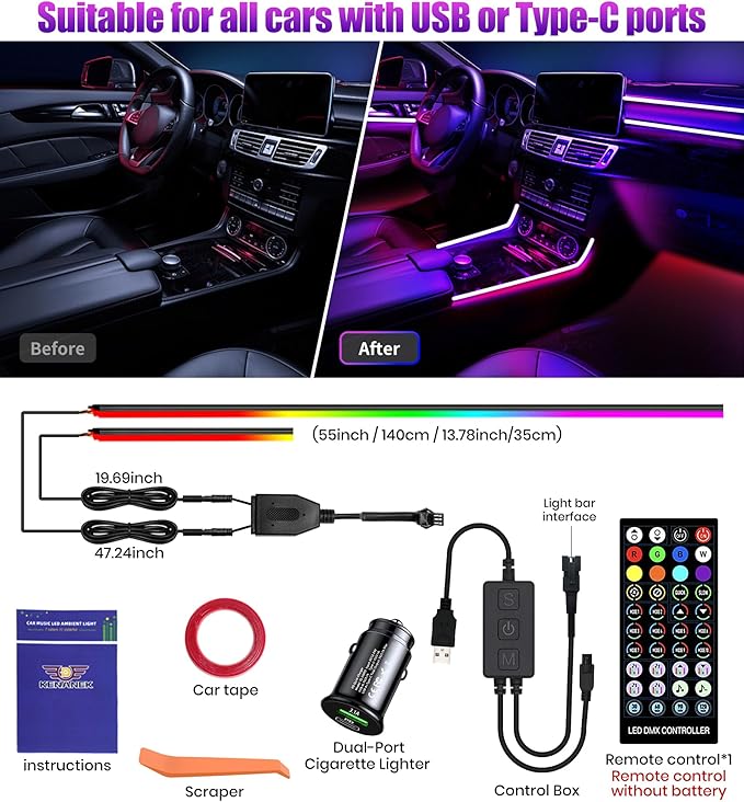 KENANEK 55.12’’ Acrylic Car Ambient Lighting Kit – 2 RGB LED Light Strips