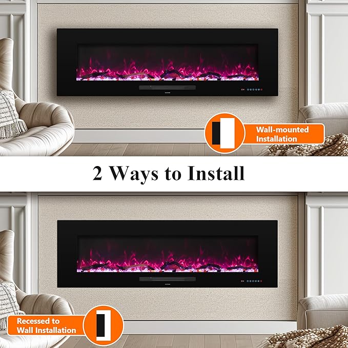 50" Electric Fireplace, Recessed & Wall Mounted Fireplace Heater 13 ...