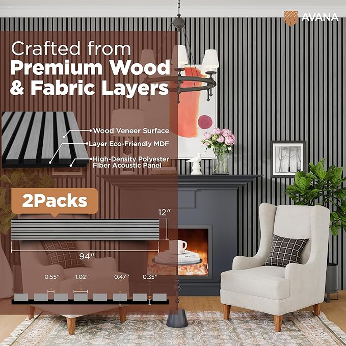 Avana Acoustic Wood Wall Panels – 94.4 x 12.6 Inch Gray Oak Acoustic Panels 2...