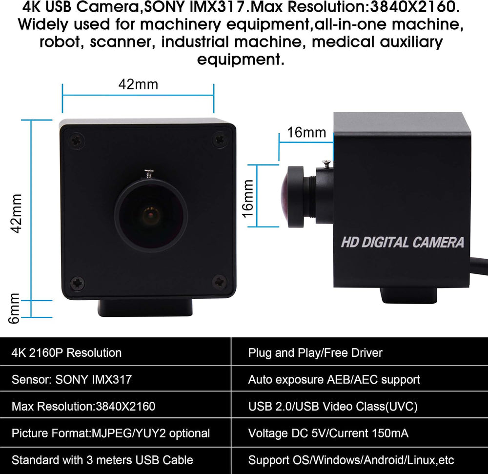 4K USB Camera for Computer, 4K/30FPS Fisheye Webcam with Microphone