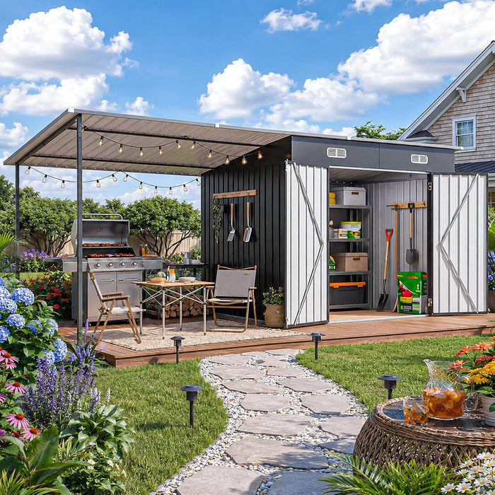 14x6FT Outdoor Lean to Shed & Hardtop Gazebo Combo