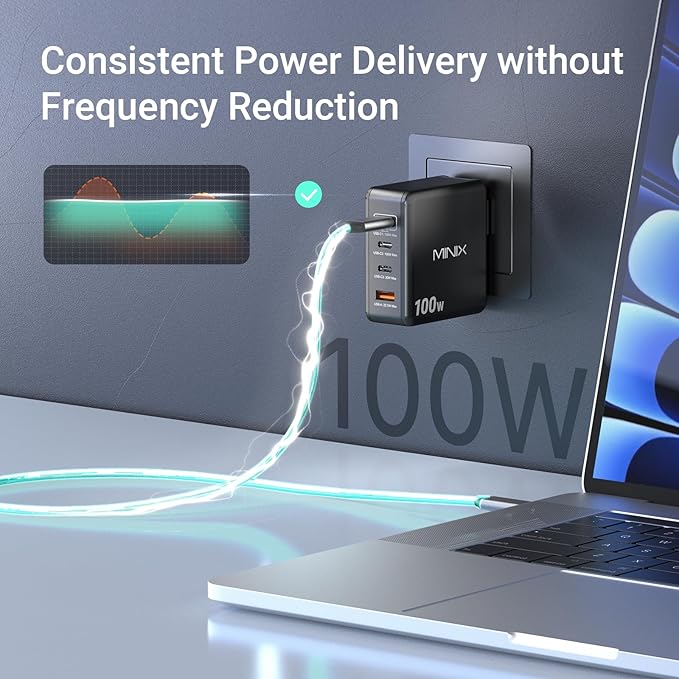 MINIX 100W USB C Charger, 4-Port Fast GaN Charger, Compact Foldable Wall Charger