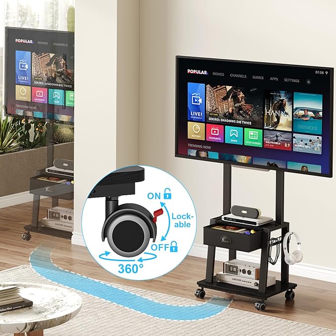 Mobile TV Stand with Drawer for 23-60 Inch Flat/Curved Screen, Tilt Rolling TV