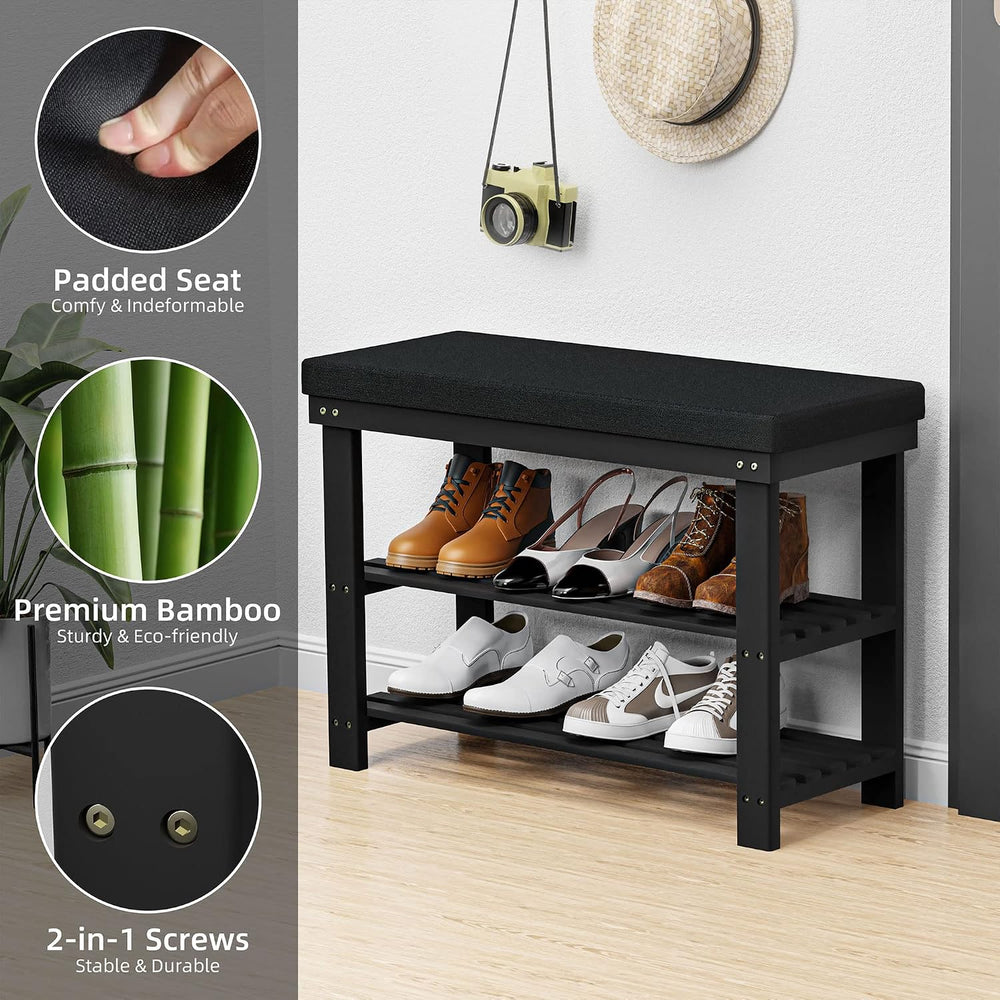 Domax Bamboo Shoe Bench with Cushion, 3-Tier Shoe Rack Organizer, Black