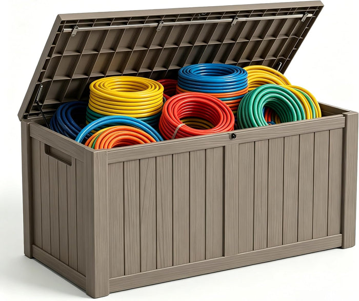 151 Gallon Large Resin Outdoor Storage Box, Waterproof Deck Box, Lockable Deck Container with Reinforced Support, Outdoor Chest for Patio Accessories, Outdoor Cushions, Garden Tools, Taupe Gray