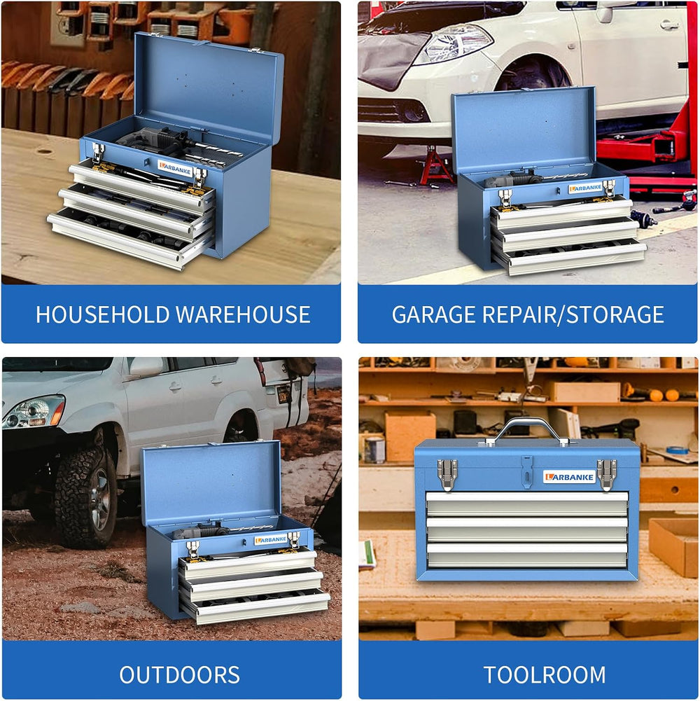 LARBANKE Metal Tool Box,3 Drawer Tool Box with Top Storage Tray, Portable Too...