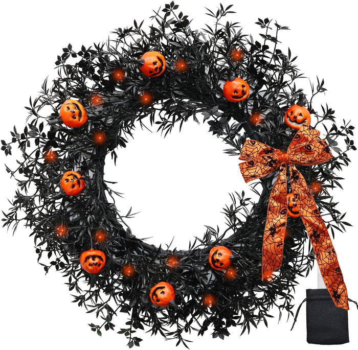 20 Inch Pumpkin Halloween Wreath with 30 Orange LEDs & Spiderweb Bow