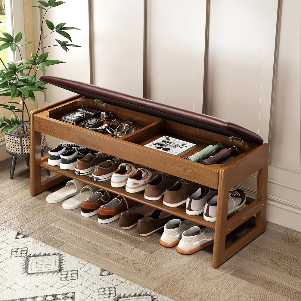 Shoe Rack Bench with Hidden Storage, 2‑Tier Solid Rubberwood Entryway Bench