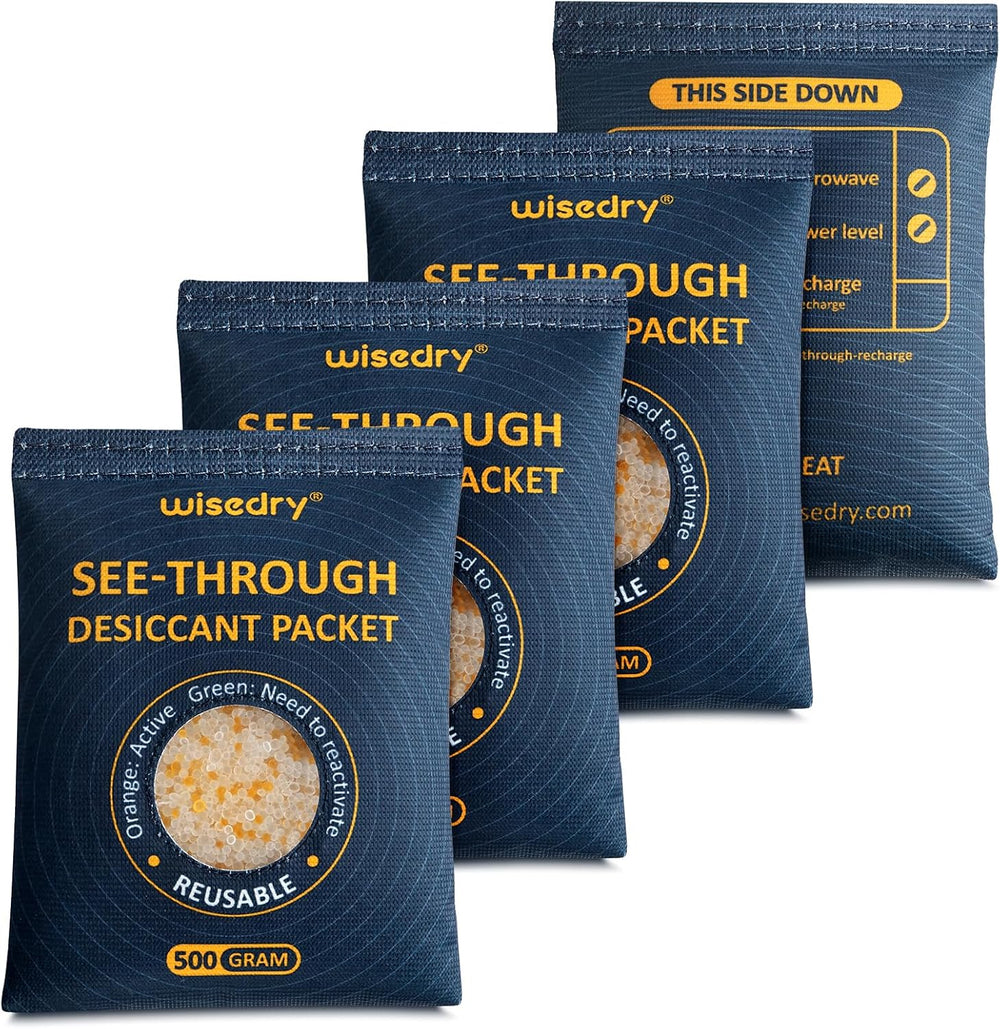 wisedry 4 x 500 Gram See-Through Silica Gel Packets, Color-Indicating Desiccant