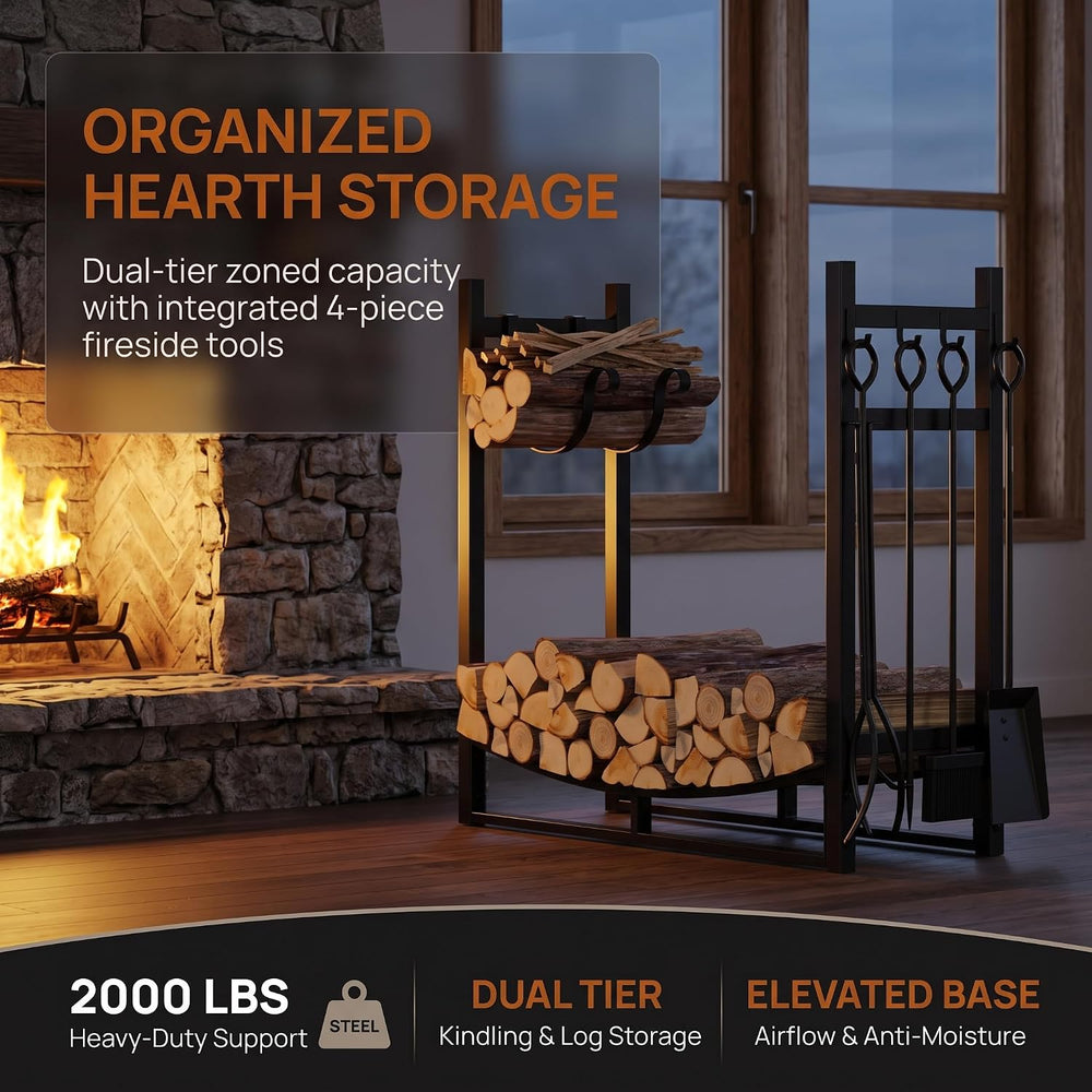 Fire Beauty Firewood Rack Log Holder Wood Storage with 4 Fireplace Tool Set