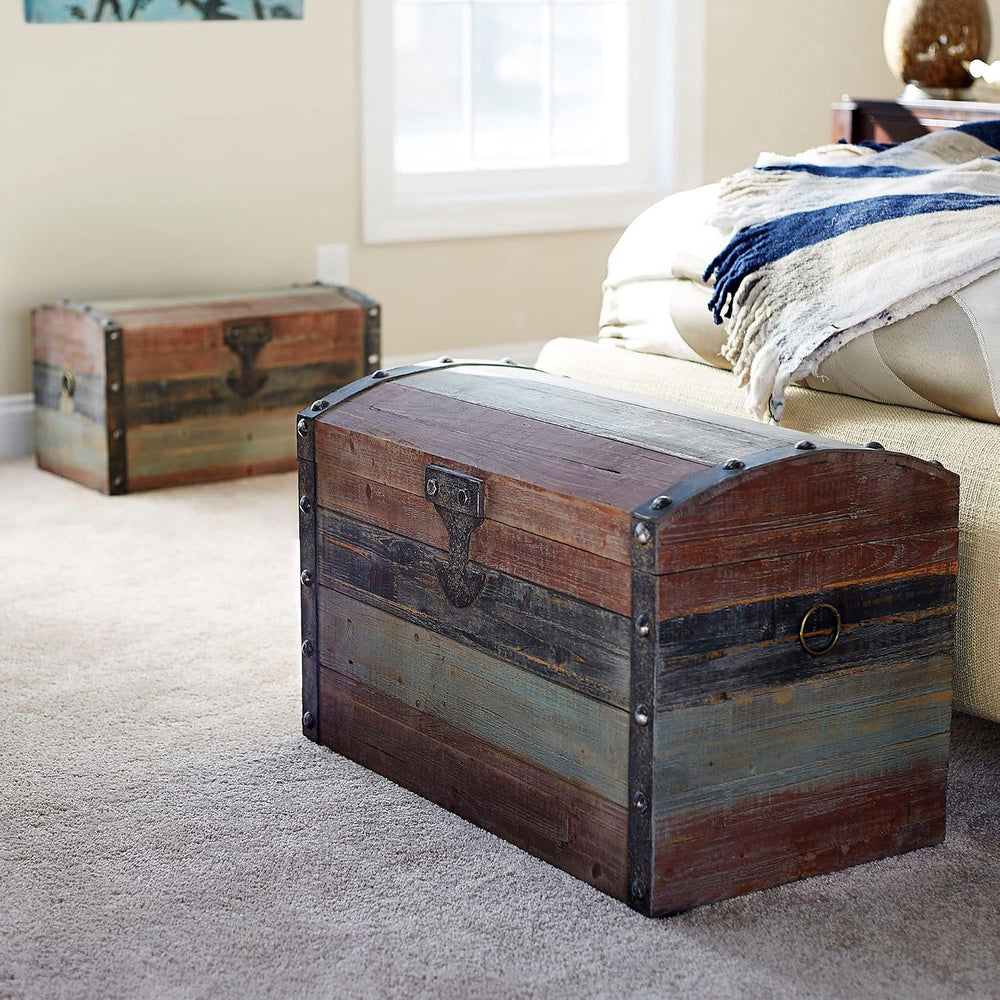 Household Essentials Large Wooden Storage Trunk, Weathered Wood with Paint Fi...