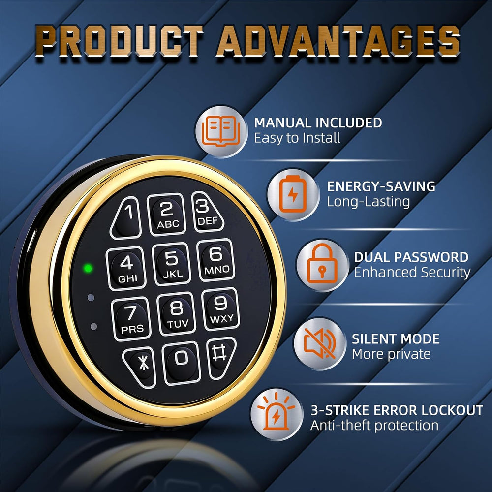 Electronic Safe Lock Replacement Keypad with Solenoid Lock, 2 Keys - Gold