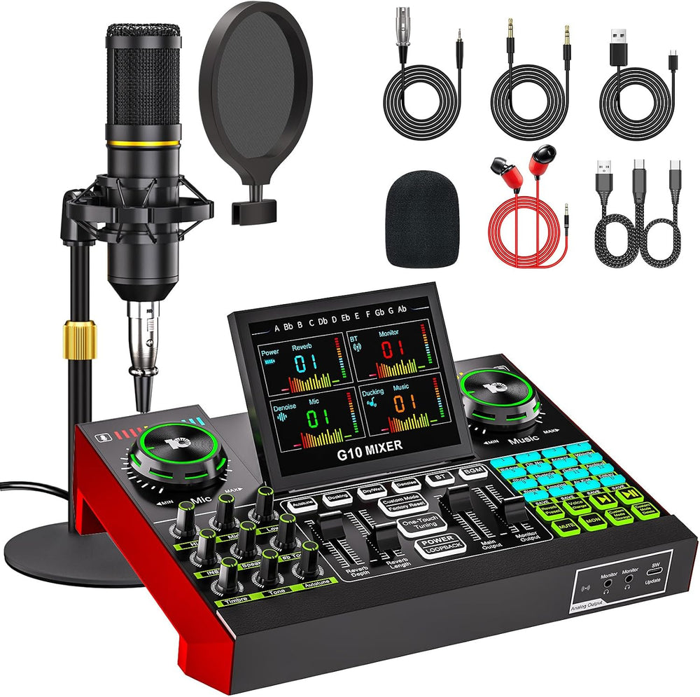 Podcast Microphone Bundle with Live Sound Card Audio Mixer, Podcast Equipment