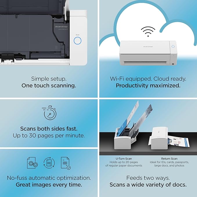 ScanSnap iX1300 Compact Wireless or USB Double-Sided Color Document, Photo &