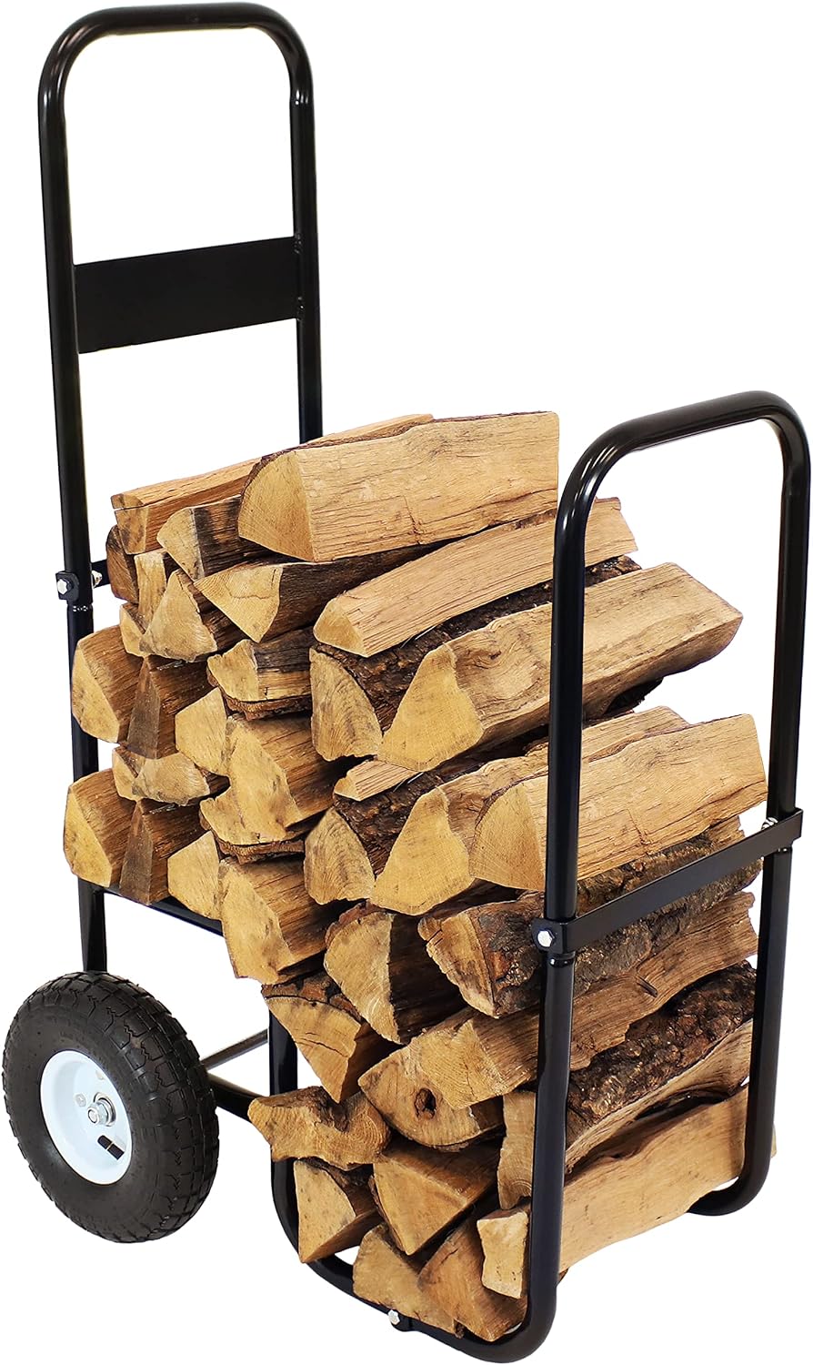 Sunnydaze Metal Firewood Carrier with Wheels, Cover Included, 43” H, Black