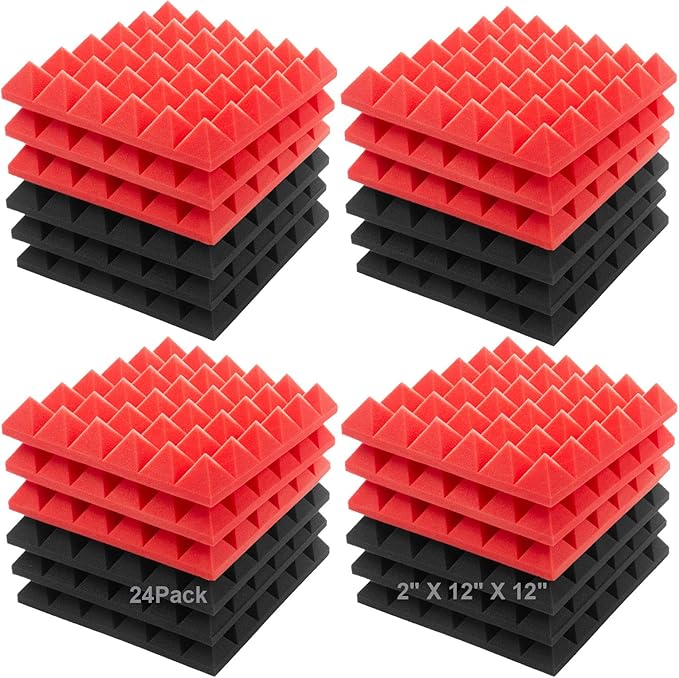 JBER Acoustic Sound Foam Panels, 24 Pack 2" X 12" X 12" Red an...