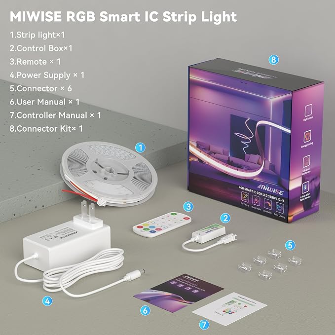 MIWISE LED Strip Lights, RGB Smart IC COB LED Strip Light Color Chasing