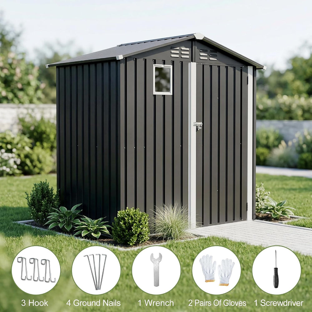 Outdoor Metal Storage Shed 6x4 FT,Gray Lockable Storage Shed, Window & Ve...