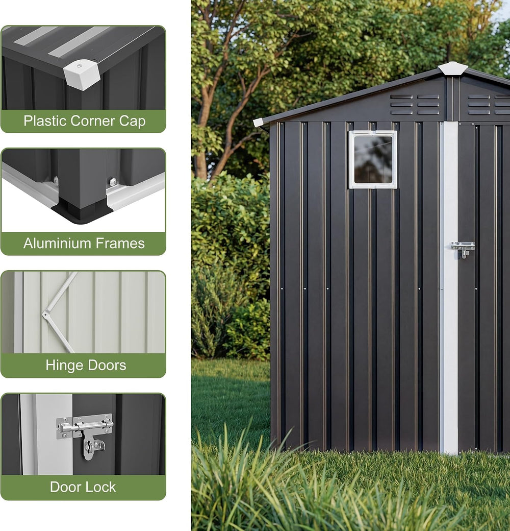 Outdoor Metal Storage Shed 6x4 FT,Gray Lockable Storage Shed, Window & Ve...