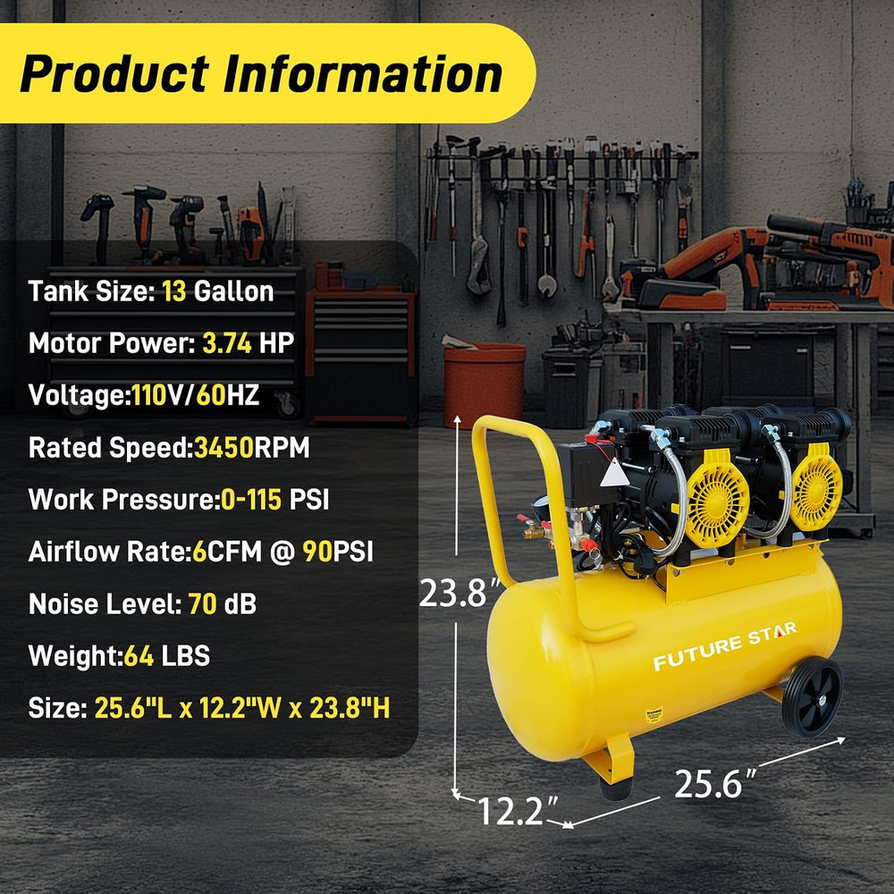 13 Gallon Portable Air Compressor, 3.7 HP, 6 CFM, 115 PSI