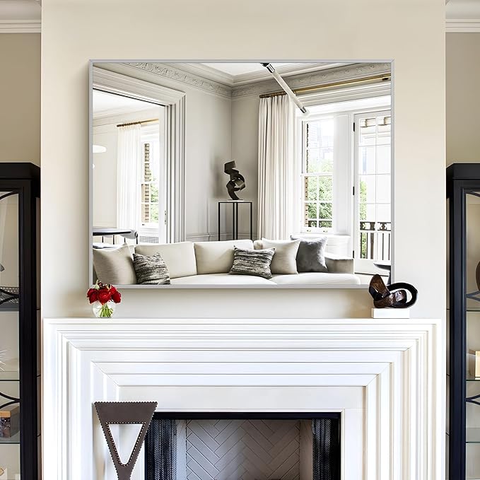 30x40In Silver Bathroom Mirror for Wall, Brushed Nickel Rectangle Mirrors