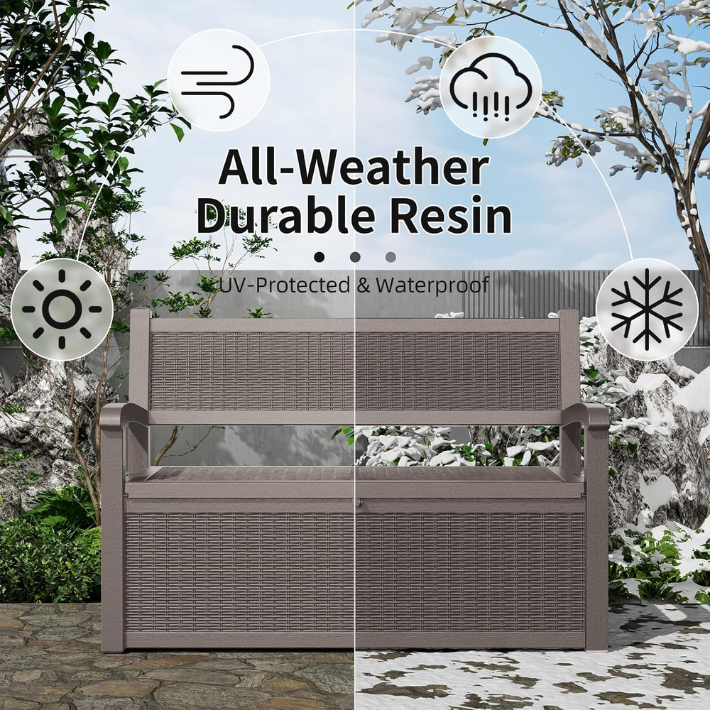80 Gallon Storage Bench Deck Box Resin Patio Furniture with Armrest, Waterpro...