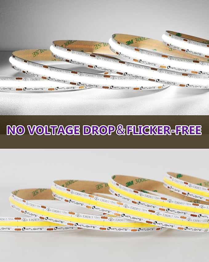 HitLights White COB LED Strip Lights 5000K, 12V Tape Light 16.4ft, 2640 LEDs