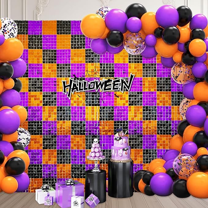 12PCS Black Orange Purple Shimmer Wall Backdrop, Laser Square Sequin Photo Ba...