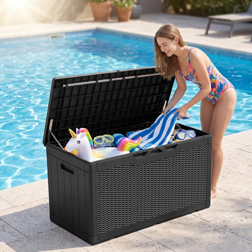 JUMMICO 100 Gallon with Cushion Deck Box, Waterproof Outdoor Storage Box