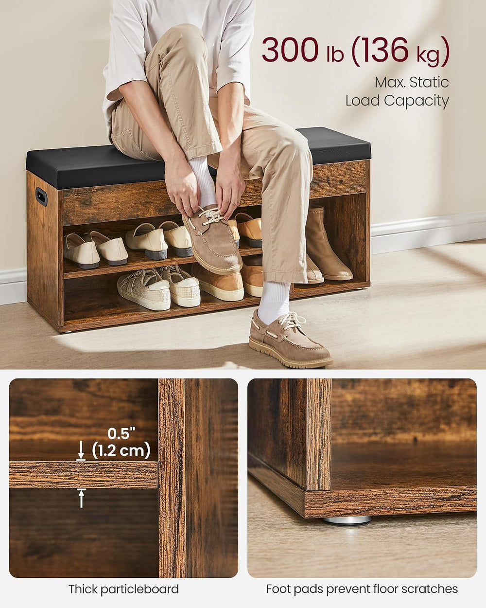 VASAGLE Storage Bench with Cushion, Shoe Bench, 11.8 x 39.4 x 17.3 Inches