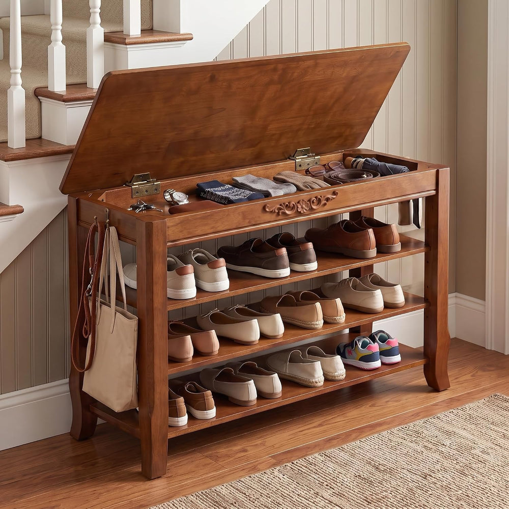 Shoe Rack Bench with Storage 3 Tier Solid Wood Entryway Shoe Rack 31.5"