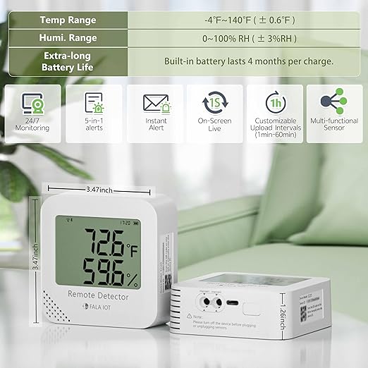 FALA IOT WiFi Temperature & Humidity Monitor, No Subscription 24/7 Remote...