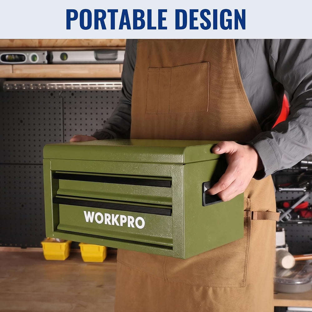 WORKPRO 15-Inch Metal Tool Box with 2 Drawers & Top Storage