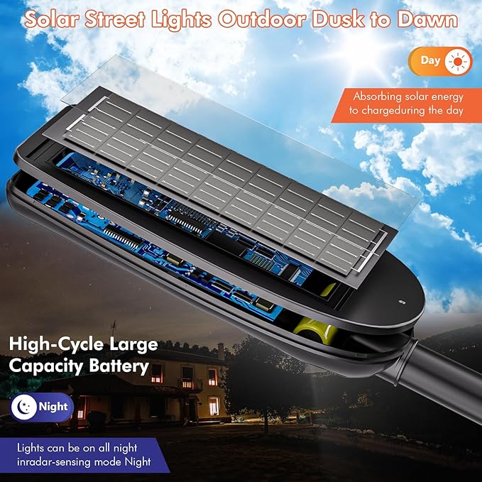 MMKT Solar Street Lights Outdoor, 3 Color Warm White LED Dusk to Dawn IP65