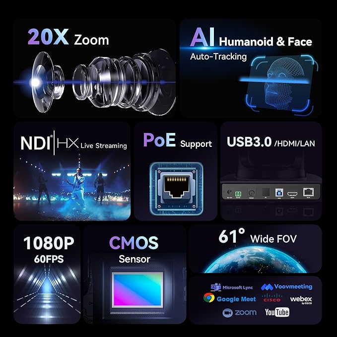 Tenveo NDI PTZ Camera AI Humanoid & Face Auto-Tracking, HDMI/LAN/USB3.0 P...