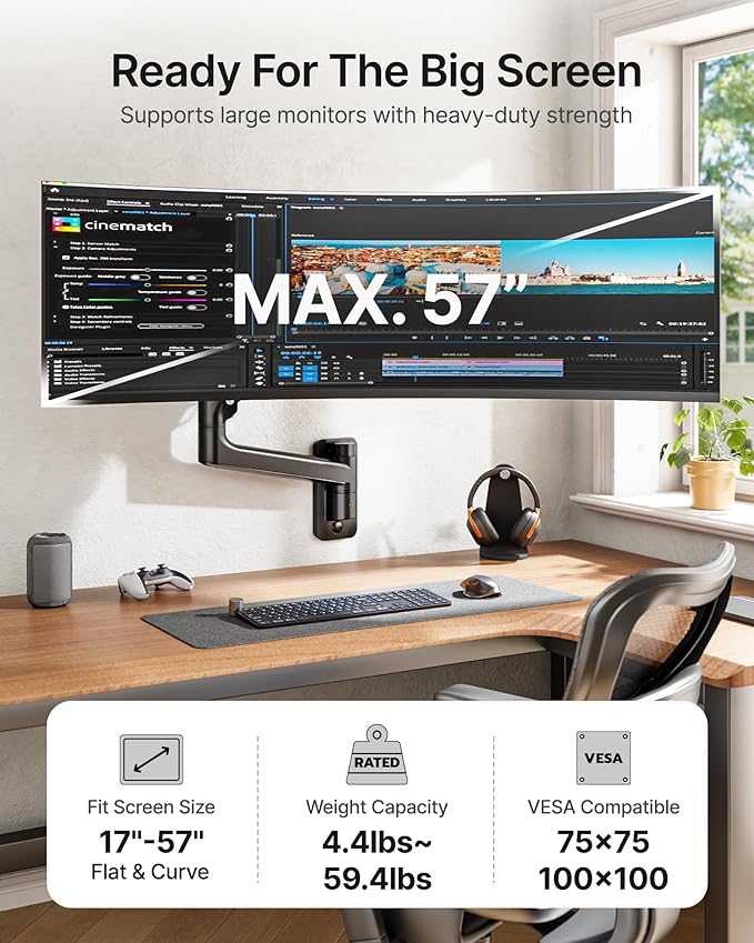 monTEK Monitor Wall Mount for 17-57“ up to 59.4 lbs Ultrawide Screens, Single